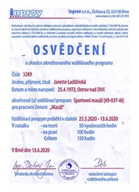 Osvědčení o zkoušce z akreditovaného programu - sportovní masáž